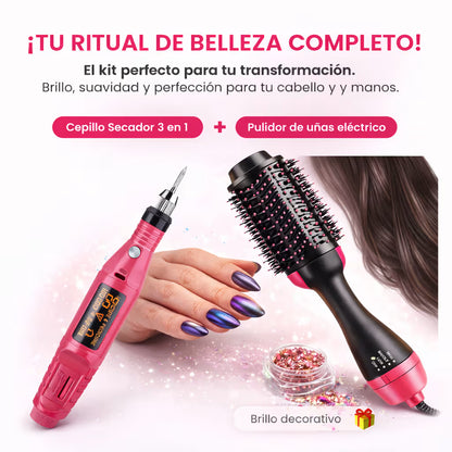 Kit Belleza Xpress (Cepillo 3 en 1 + pulidor de uñas + Polvo Glitter)