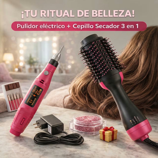 Kit Belleza Xpress (Cepillo 3 en 1 + pulidor de uñas + Polvo Glitter)